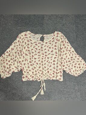Vanilla Star Floral Cropped Blouse M Balloon Sleeve Boho Cottagecore Tassel Soft